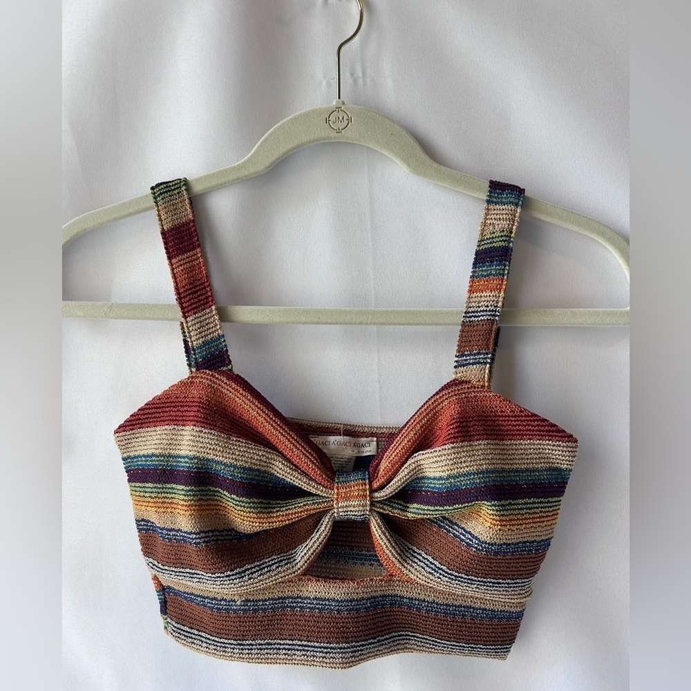 a'gaci Brown and Blue Sleeveless Tie Front Crop Tank Top - Picture 3 of 4